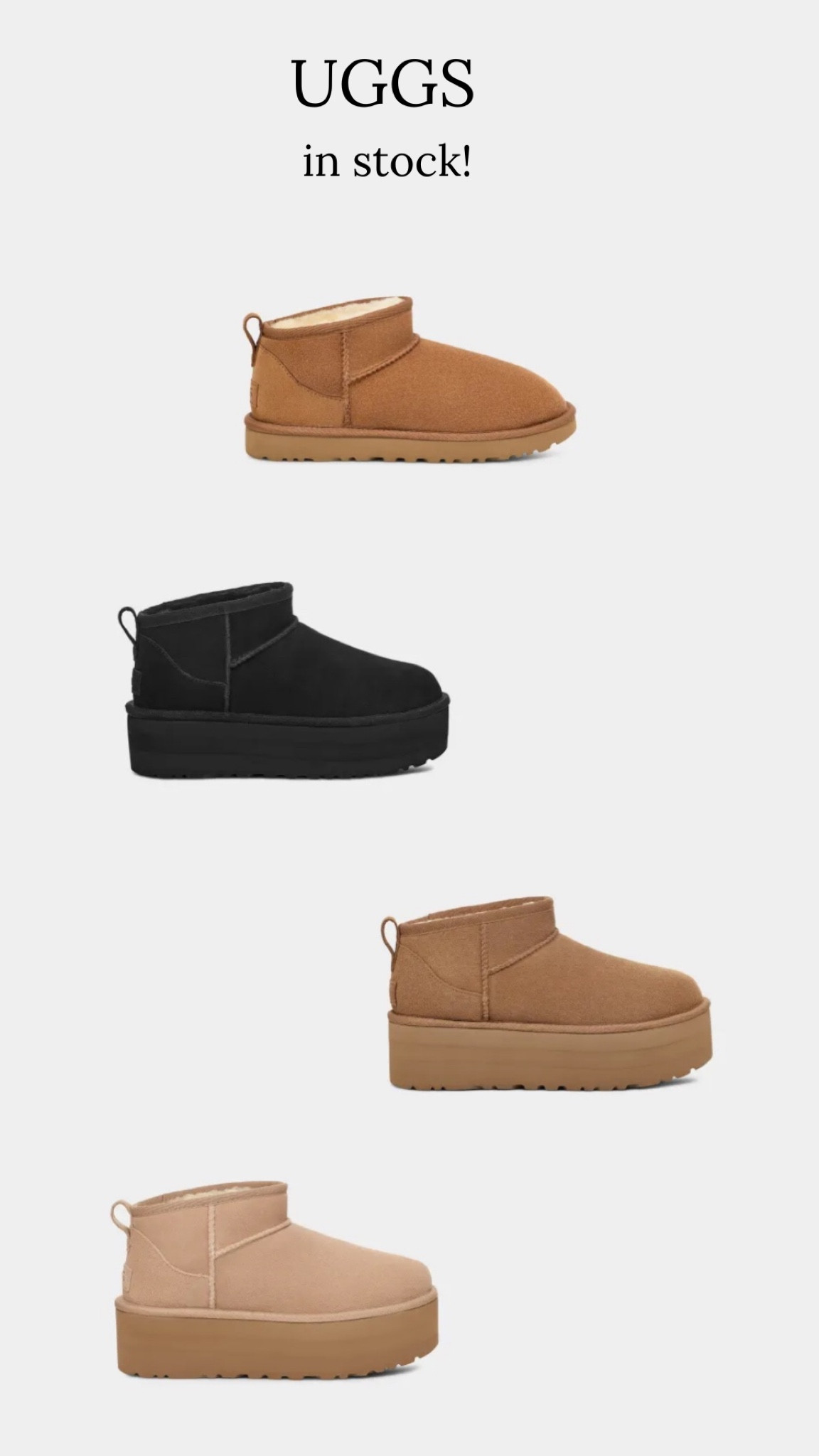 Uggs back in stock! I would recommend buying them now before they go out of stock when it gets to Autumn/Winter! 

Ultra mini Uggs and ultra mini platform Uggs 

#LTKshoecrush #LTKeurope #LTKfindsunder100