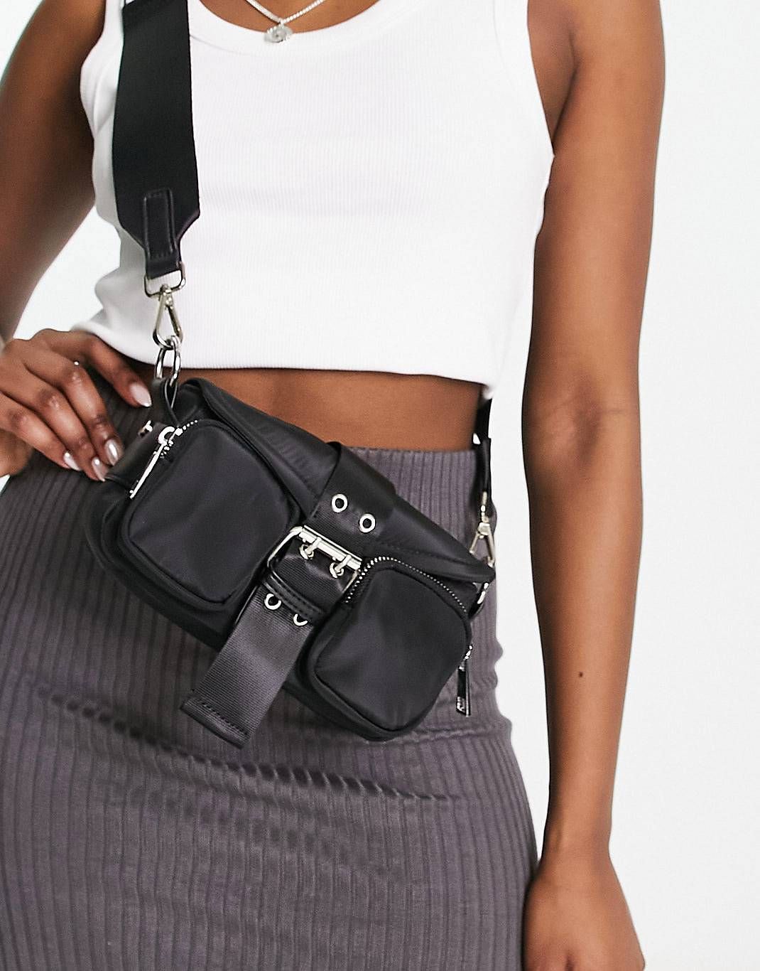 ASOS DESIGN cross body bag with buckle detailing and detachable strap in black nylon | ASOS (Global)