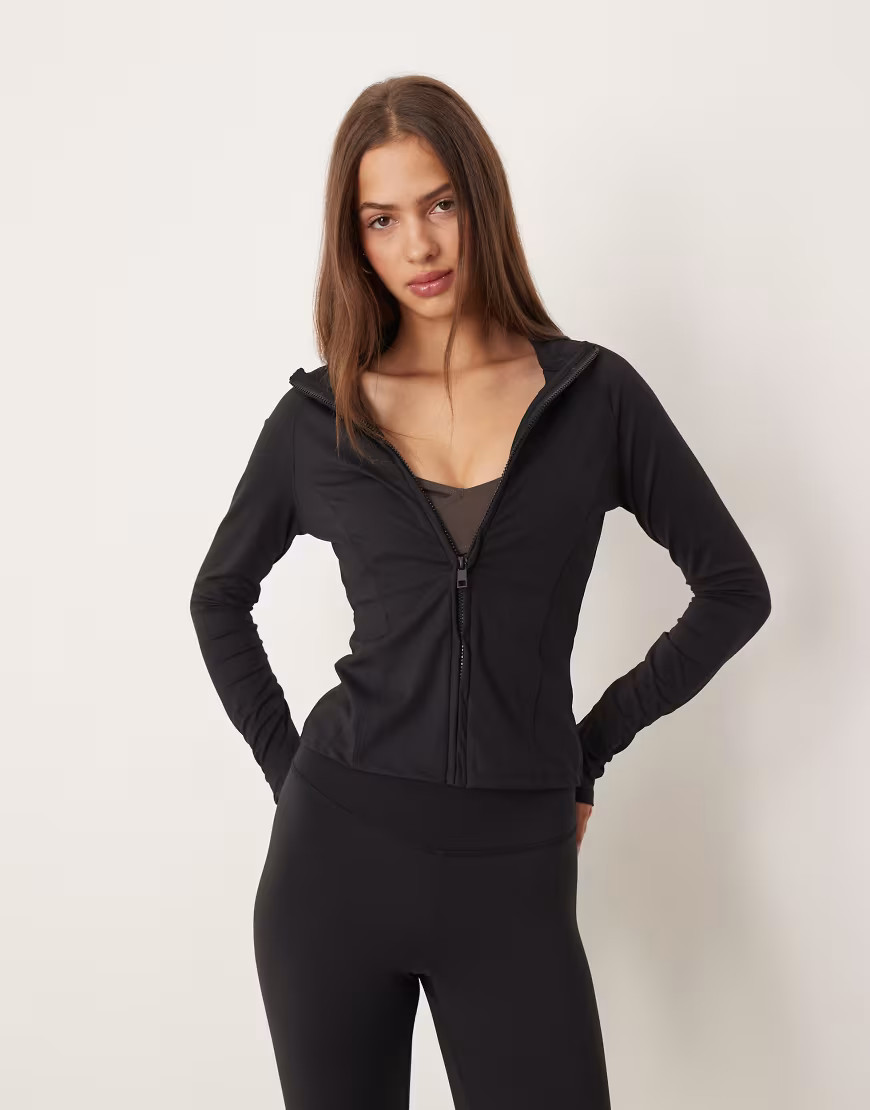 Gina Tricot mix and match yoga sports seamless zip up jacket in black | ASOS (Global)