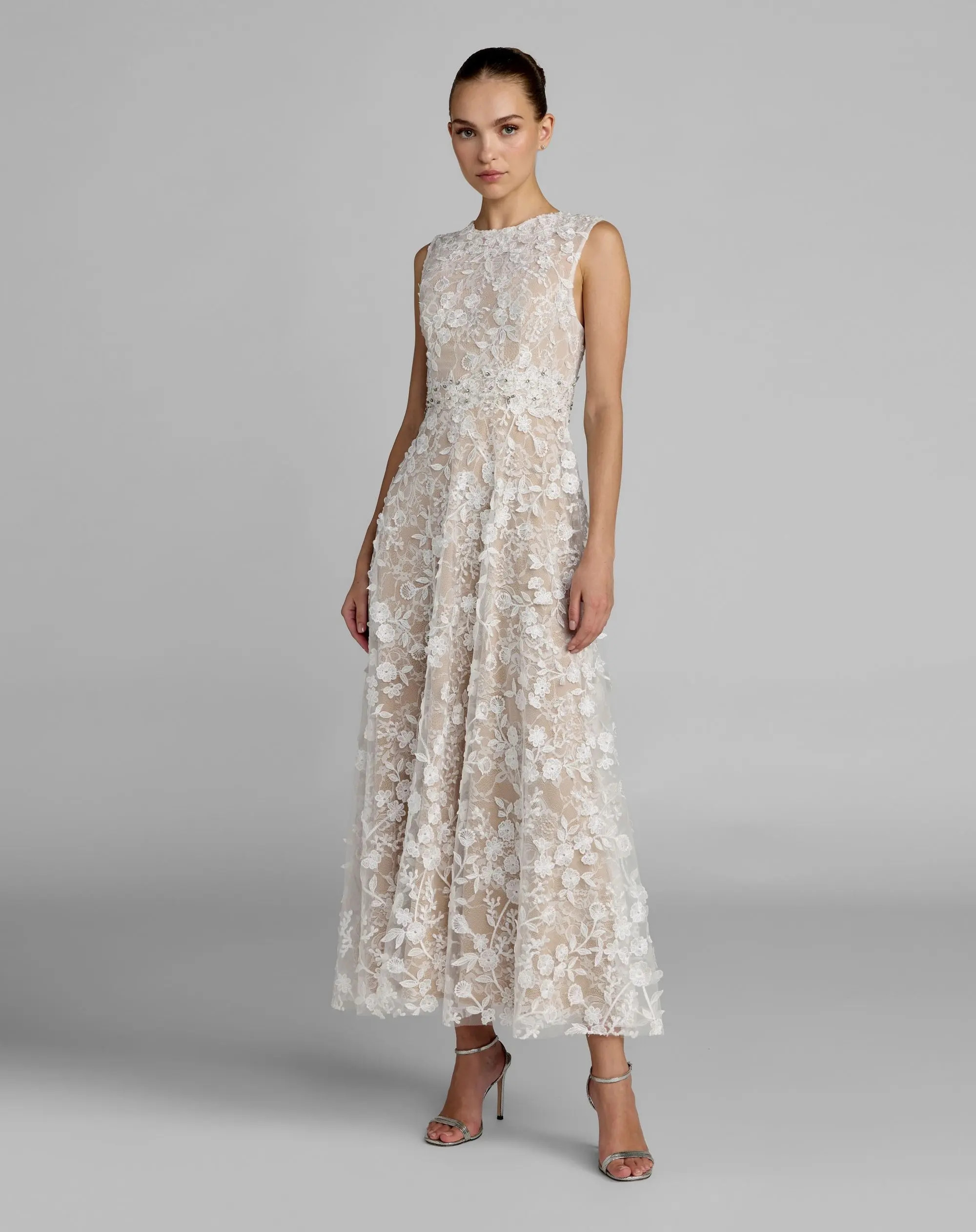 Ivory Floral Embroidered High Neck Midi Dress | Mac Duggal | Mac Duggal