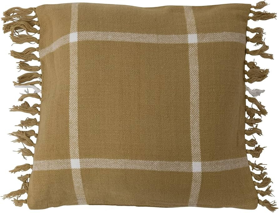 Creative Co-Op Cotton Flannel Plaid Fringe Pillow, 18" L x 18" W x 2" H, Green | Amazon (US)