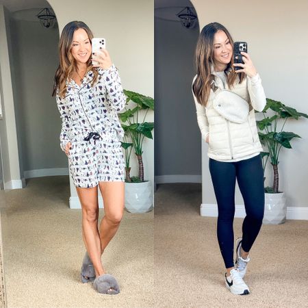 Everyday casual athleisure style.  Penguin jammies xs | 25" brushed leggings with pockets | favorite athleisure sports bra xs | long sleeve top with thumholes xs | lightweight puffer vest xs, | I liked an affordable version of the lululemn sherpa belt bag. 
Fall outfit | winter style | Nike waffle sneakers | neutral style 