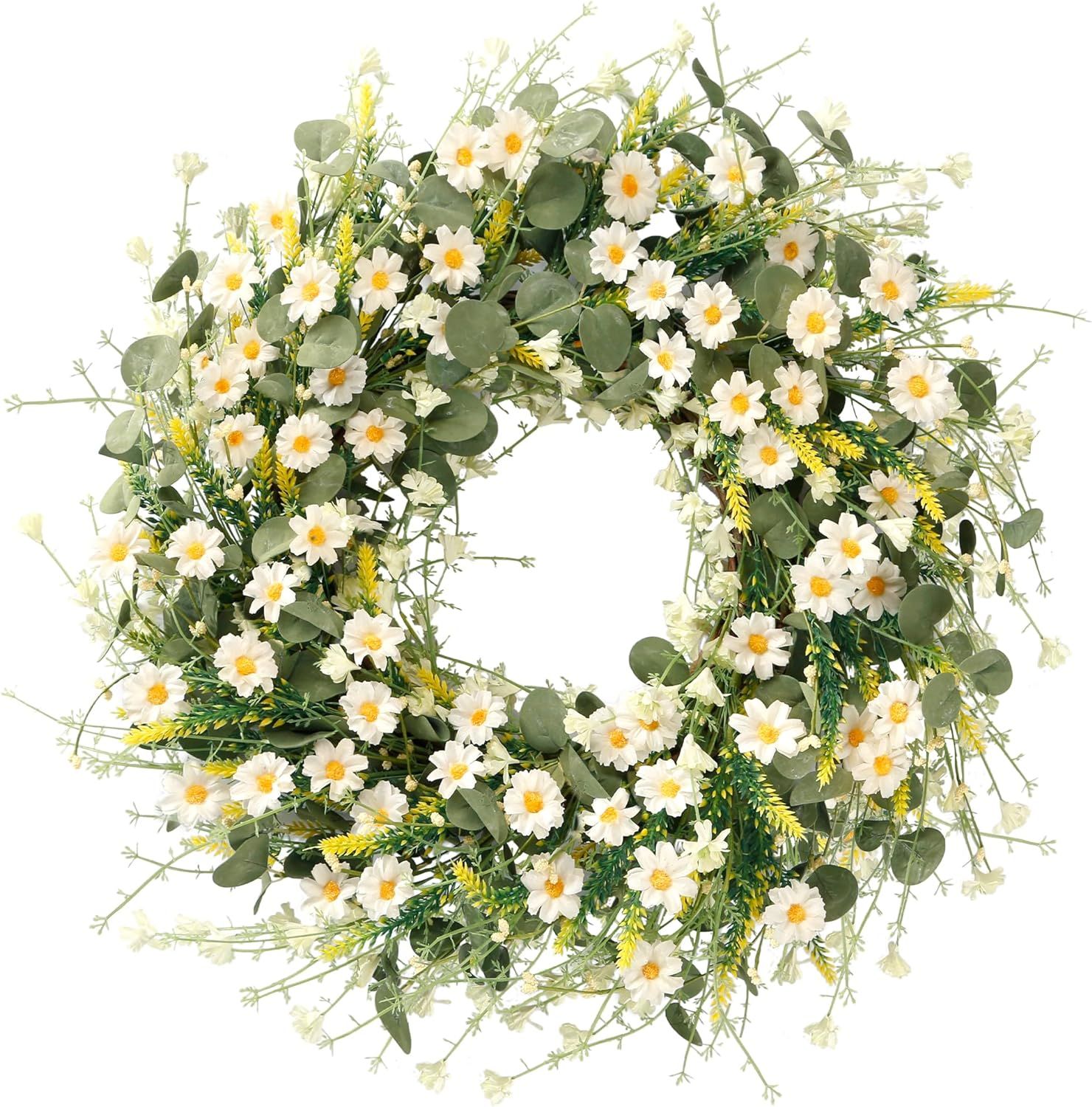 Sggvecsy White Daisy Wreath 24 Inch Spring Summer Wreath Fake Silk Floral Wreath with Green Eucal... | Amazon (US)