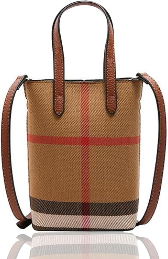 Small Plaid Canvas Handbag for Women PU Leather Top Handle Bucket Hand Bag,Mini Classic Khaki Cro... | Amazon (US)