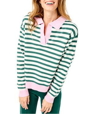 Lauderdale Color Block Stripe Point Collar V-Neck Dropped Long Sleeve Pullover Sweater | Dillard's