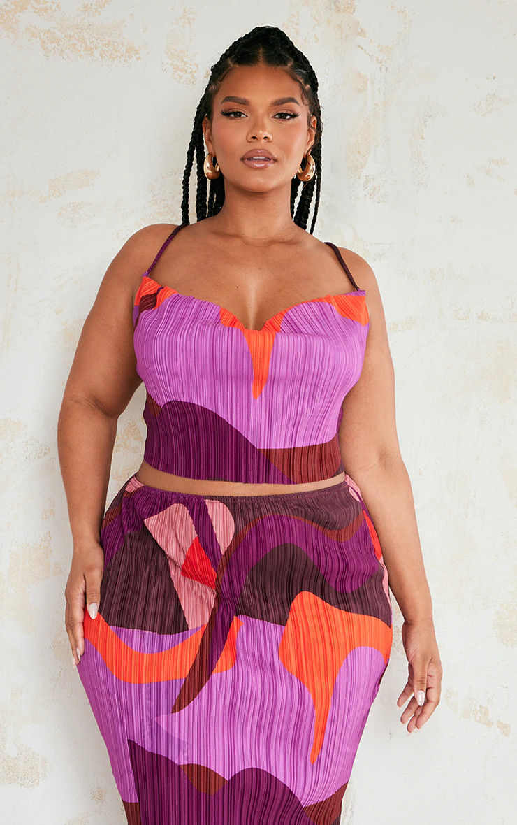 Plus Pink Print Plisse Strappy Cowl Neck Top | PrettyLittleThing US