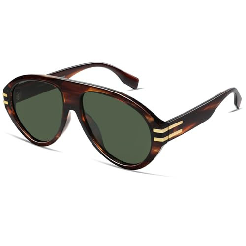 VANLINKER Oversized Retro Aviator Sunglasses Womens Mens Polarized Trendy 70s Vintage Sun Glasses VL9810 Brown Tortoise Frame Green Lens | Amazon (US)