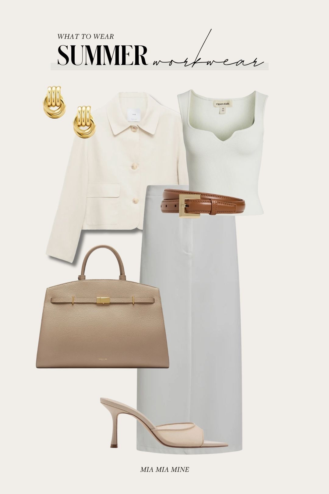 Summer workwear 
Mango linen jacket
Lioness white maxi skirt
Open edit top
Demellier tote bag
Mango heels 

#LTKItBag #LTKWorkwear #LTKFindsUnder100