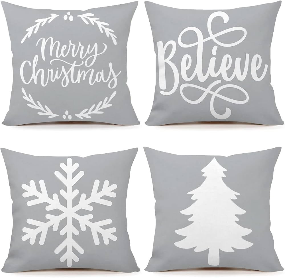 4TH Emotion Gray White Soft Christmas Pillow Covers 18x18 Set of 4 Farmhouse Christmas Decoration... | Amazon (US)