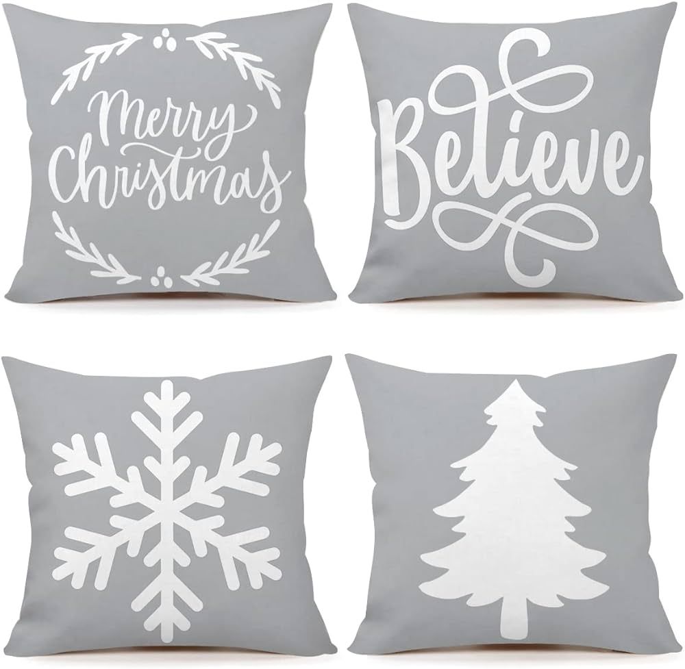 4TH Emotion Gray White Soft Christmas Pillow Covers 18x18 Set of 4 Farmhouse Christmas Decoration... | Amazon (US)