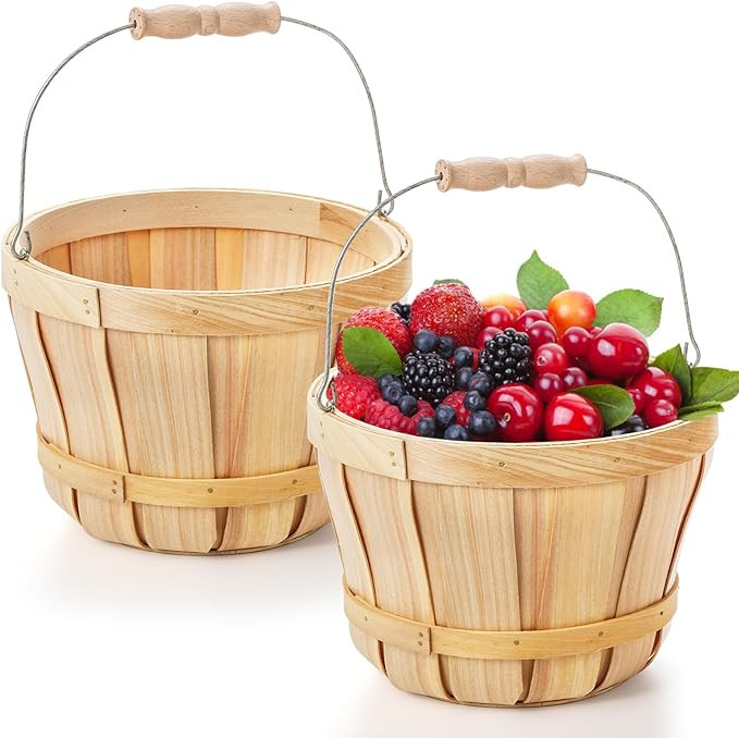 Okllen 2 Pack Round Wooden Baskets with Handle, Empty Wood Fruit Buckets, Fall Harvest Basket for... | Amazon (US)