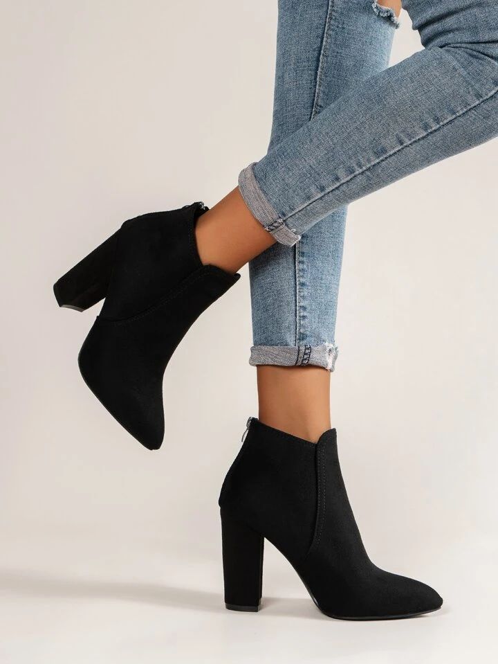 Zipper Back Point Toe Chunky Heeled Faux Suede Classic Boots | SHEIN