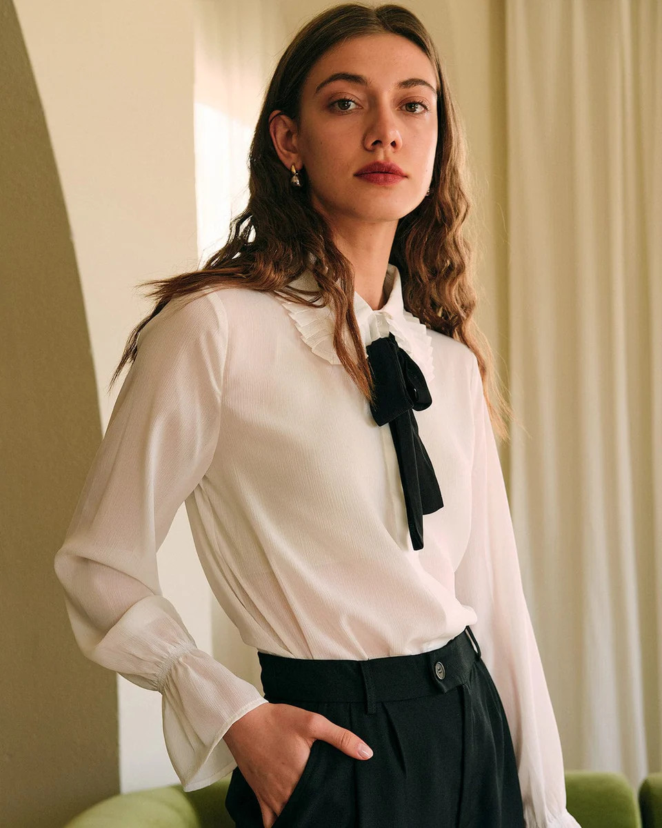 The Collared Ruffle See-through Blouse & Reviews - White - Tops | RIHOAS | rihoas.com