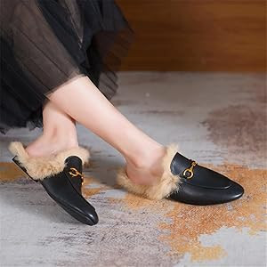 Fur Mules for Women Leather Mule Slides Buckle Mule Shoes Fluffy Furry Flat Mules Slipper | Amazon (US)
