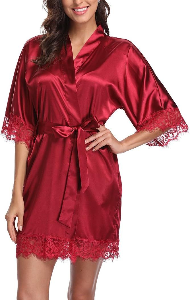 Short Satin Kimono Robes Women Pure Color Bridemaids Bath Robe with Lace Trim | Amazon (US)