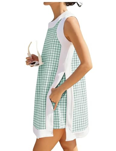 Bankeng Women's 2 Piece Sets Casual Color Block Crewneck Sleeveless Plaid Pullover Tops Matching Shorts with Pockets(Green,XL) | Amazon (US)