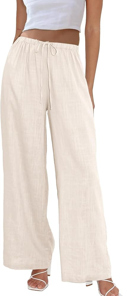 Duyang Womens Cotton Linen Palazzo Pants Drawstring Elastic Waist Casual Wide Leg Trousers with P... | Amazon (US)