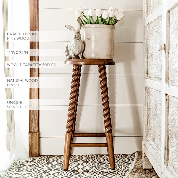Turned Pine Wood Accent Stool - Default Title - Decor Steals | Decor Steals