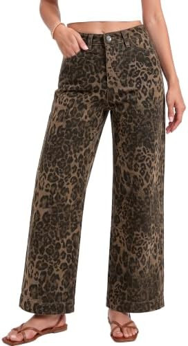 Vetinee Wide Leg Jeans Woman Leopard Cheetah Print Ankle Length Denim Pants | Amazon (US)