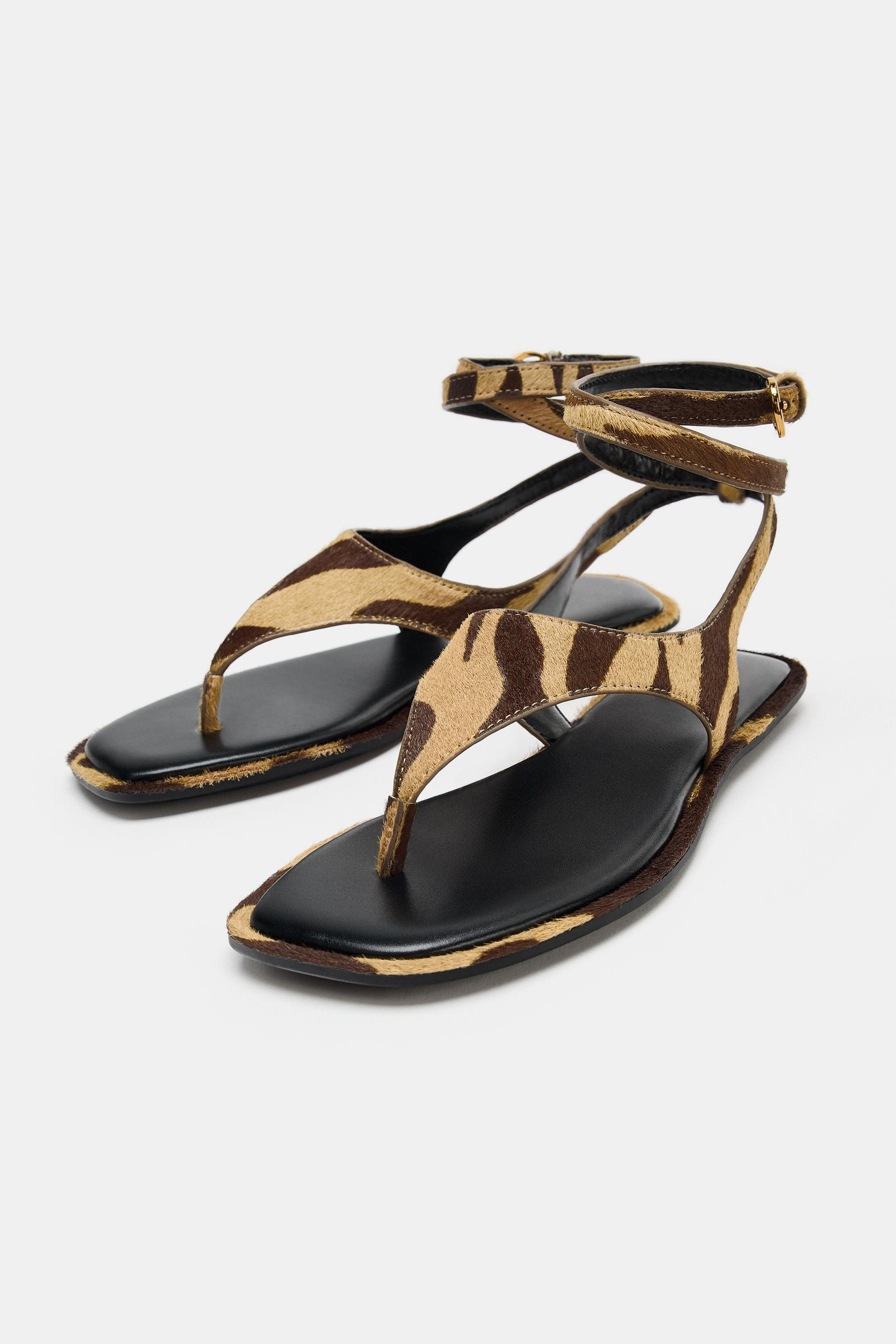 ANIMAL PRINT LEATHER SANDALS WITH FUR EFFECT | Zara US
