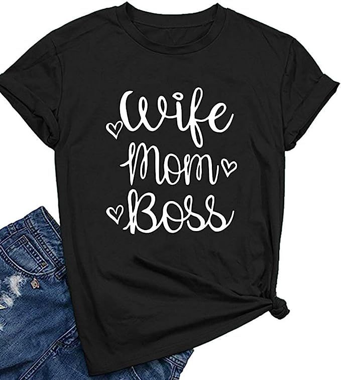 Yuan Women Wife Mom Boss Shirt Graphic Tee Letter T-Shirt Short Sleeve Mama Tops | Amazon (US)