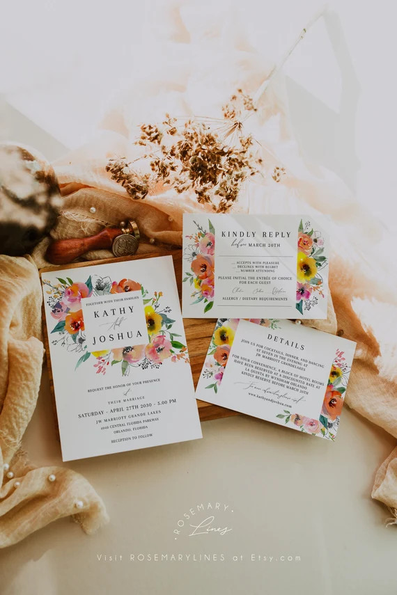 Summer Bright Floral Wedding Invitation Template Colorful | Etsy | Etsy (US)