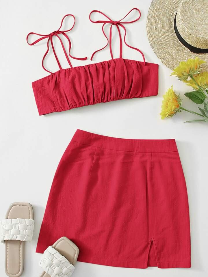 SHEIN ICON Knot Shoulder Tie Back Ruched Bust Crop Cami Top & Split Hem Skirt Set | SHEIN