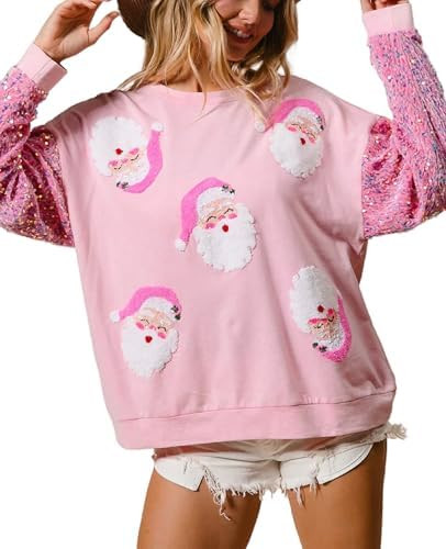 NUFIWI Women Christmas Sweatshirt Sequined Long Sleeve Glitter Santa Shirt Funny Merry Sweatshirt... | Amazon (US)