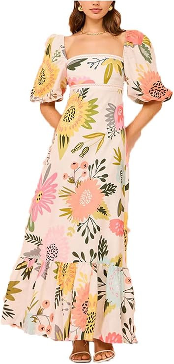 Women's Boho Floral Maxi Dress Short Sleeve Square Neck Ruffle A Line Long Sun Dresses | Amazon (US)