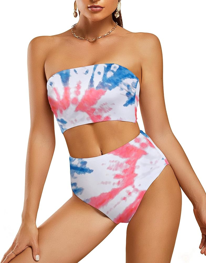 Saodimallsu Women High Waisted 2 Piece Bikini Set Bandeau Ruffle Swimsuit Top Striped Bathing Suits | Amazon (US)