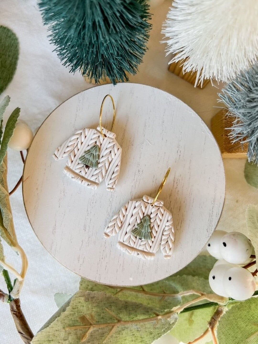 Christmas Tree Knit Christmas Sweater Polymer Clay Earrings - Etsy | Etsy (US)