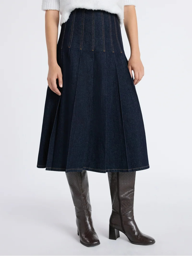 Free Assembly Women's and Women's Plus Stitch Pleated Denim Maxi Skirt, Size 0-28 | Walmart (US)