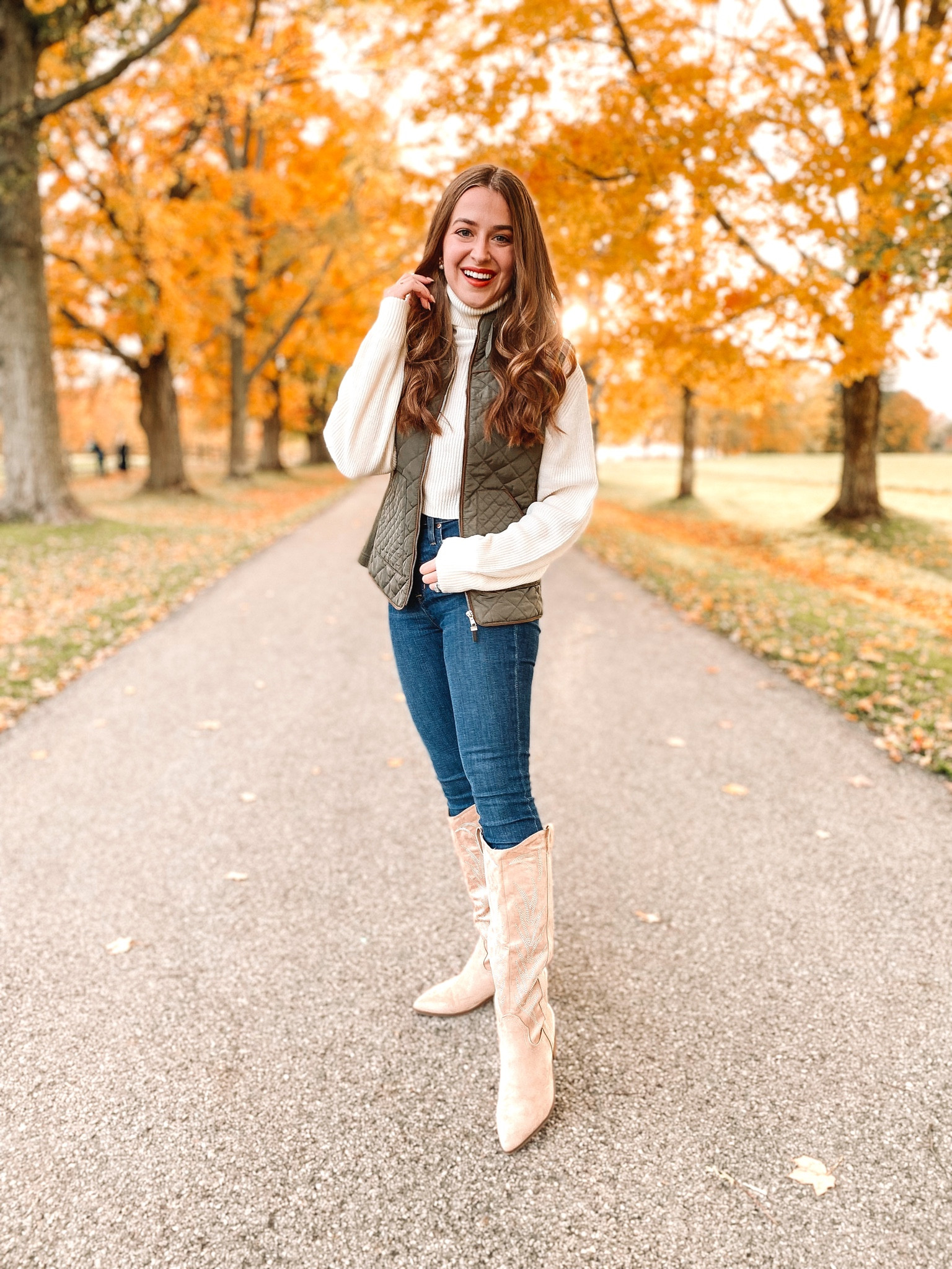 Preppy fall outfit. Cream cropped sweater. Green vest. Denim skinny jeans. JCrew denim. Target western boots  

#LTKSeasonal #LTKshoecrush #LTKunder50