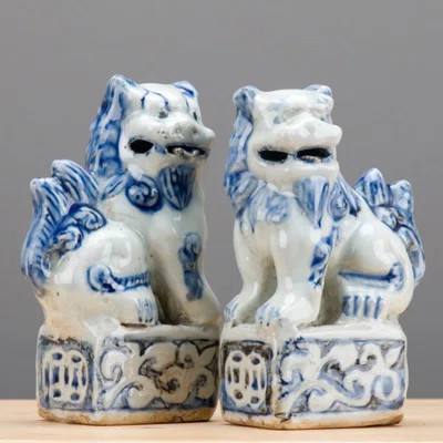 Blue and White Foo Dog - Pair Figurine | Wayfair North America