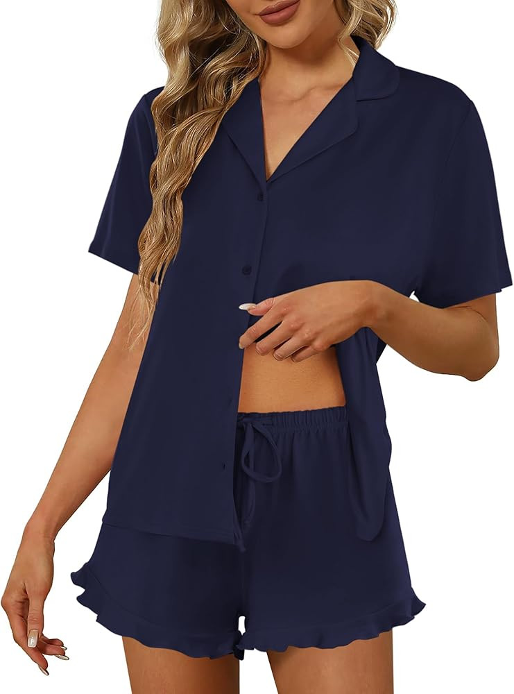 Ekouaer Pajamas Set for Women Short Sleeve Sleepwear Button Down Pjs Lounge Sets Soft Nightwear | Amazon (US)