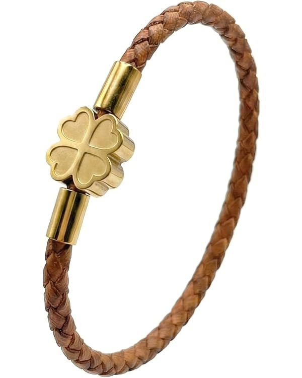 Leporem Lucky Clover Braided Genuine Leather Unisex Bracelet, 3mm Brown/Black with 18K Gold-Plate... | Amazon (US)