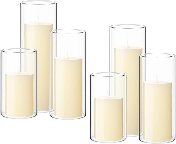 Shihanee Set of 6 Pillar Candles with Glass Cylinder Vases Clear Cylinder Hurricane Candleholders... | Amazon (US)