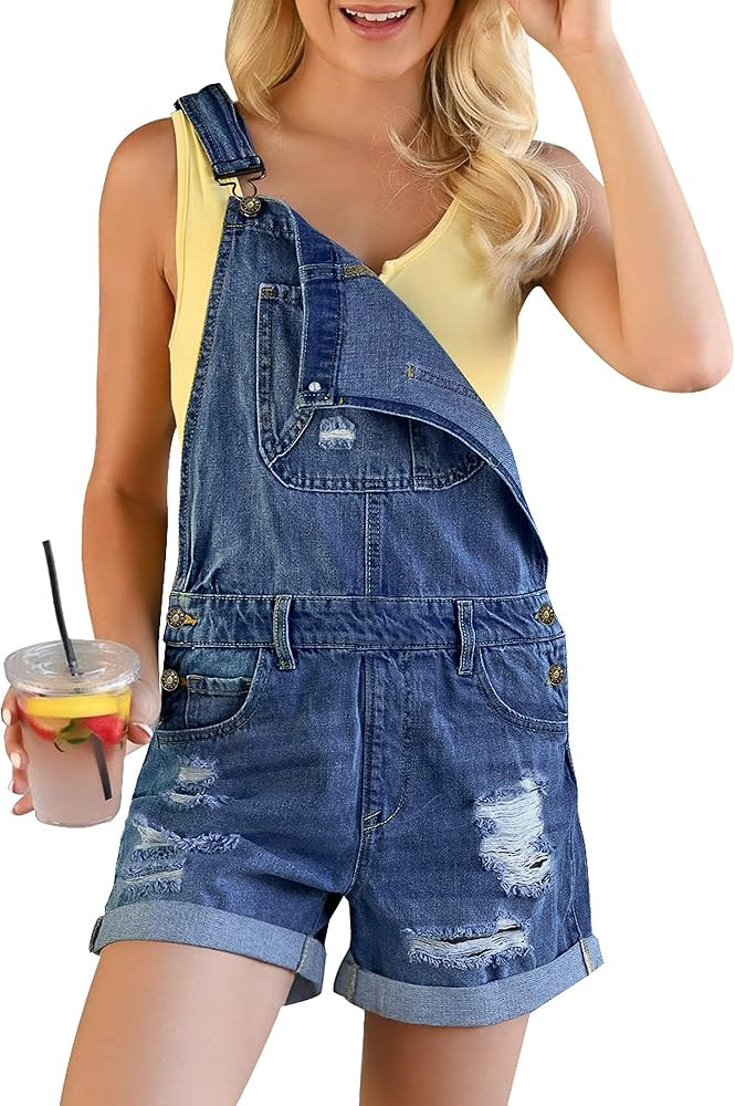GRAPENT Women's Ripped Denim Shortalls Adjustable Straps Bib Overall Jean Shorts | Amazon (US)