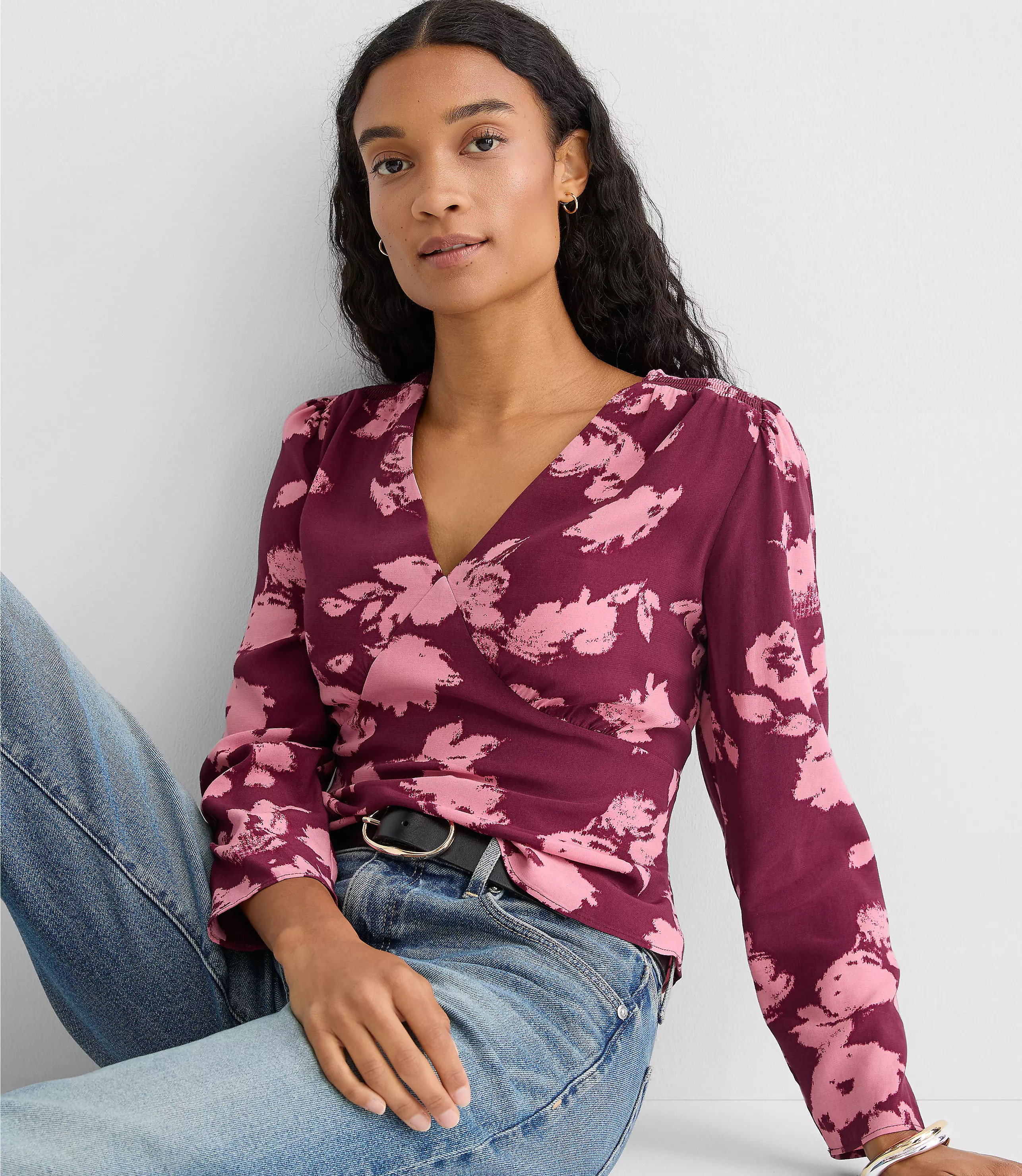 Floral Smocked V-Neck Blouse | LOFT