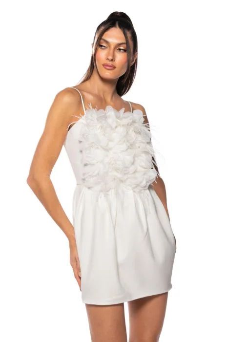 SERVE LOOKS FLORAL FEATHER APPLIQUE MINI DRESS IN WHITE | AKIRA