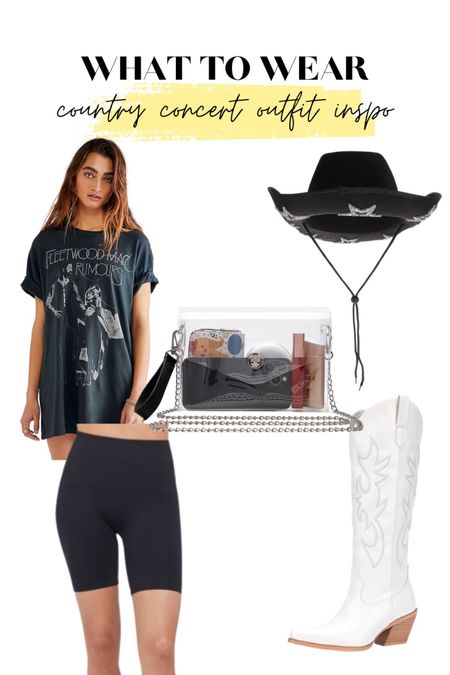 What to wear to a country concert 

Oversized graphic shirt, bike shorts, white cowboy boots, cowboy hat, clear purse 

#LTKsalealert #LTKstyletip #LTKunder100