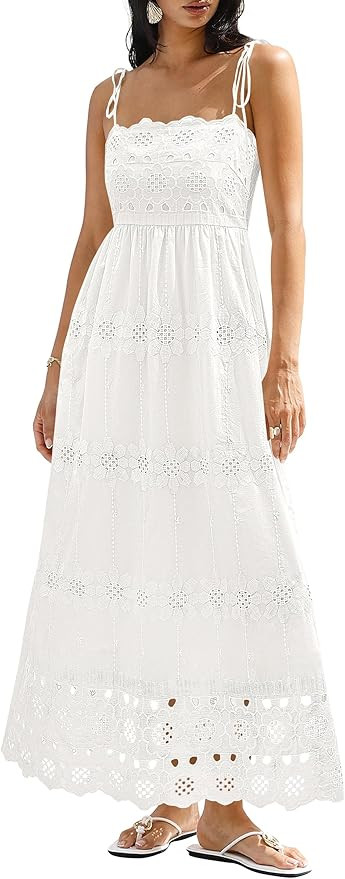 dowerme Womens Summer Maxi Dresses 2026 Casual Spaghetti Strap Smocked Eyelet Cotton Dress Long B... | Amazon (US)