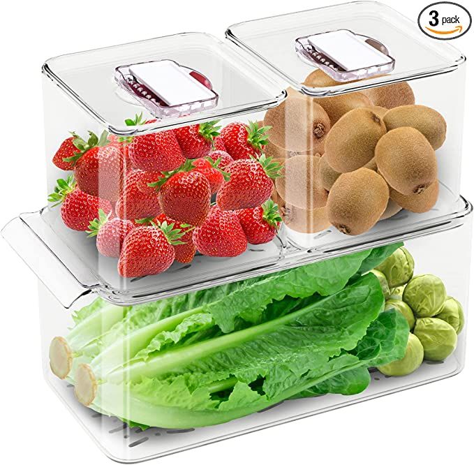 Produce Saver Containers for Refrigerator, Food Fruit Vegetables storage, 3 Pcs Stackable Freezer... | Amazon (US)