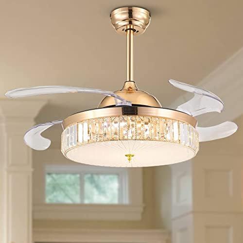 CROSSIO Crystal Ceiling Fan with Lights Dimmable LED Fandelier Retractable Ceiling Fan Light with Re | Amazon (US)