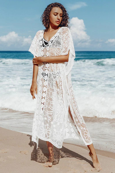 White Crochet V-neck Sheer Cover Up | Cupshe
