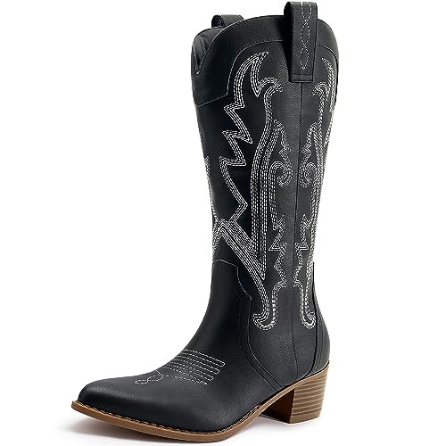 Amazon.com | Athlefit Cowboy boots for women Fashion Pointed Toe Embroidered Western Boots Chunky... | Amazon (US)