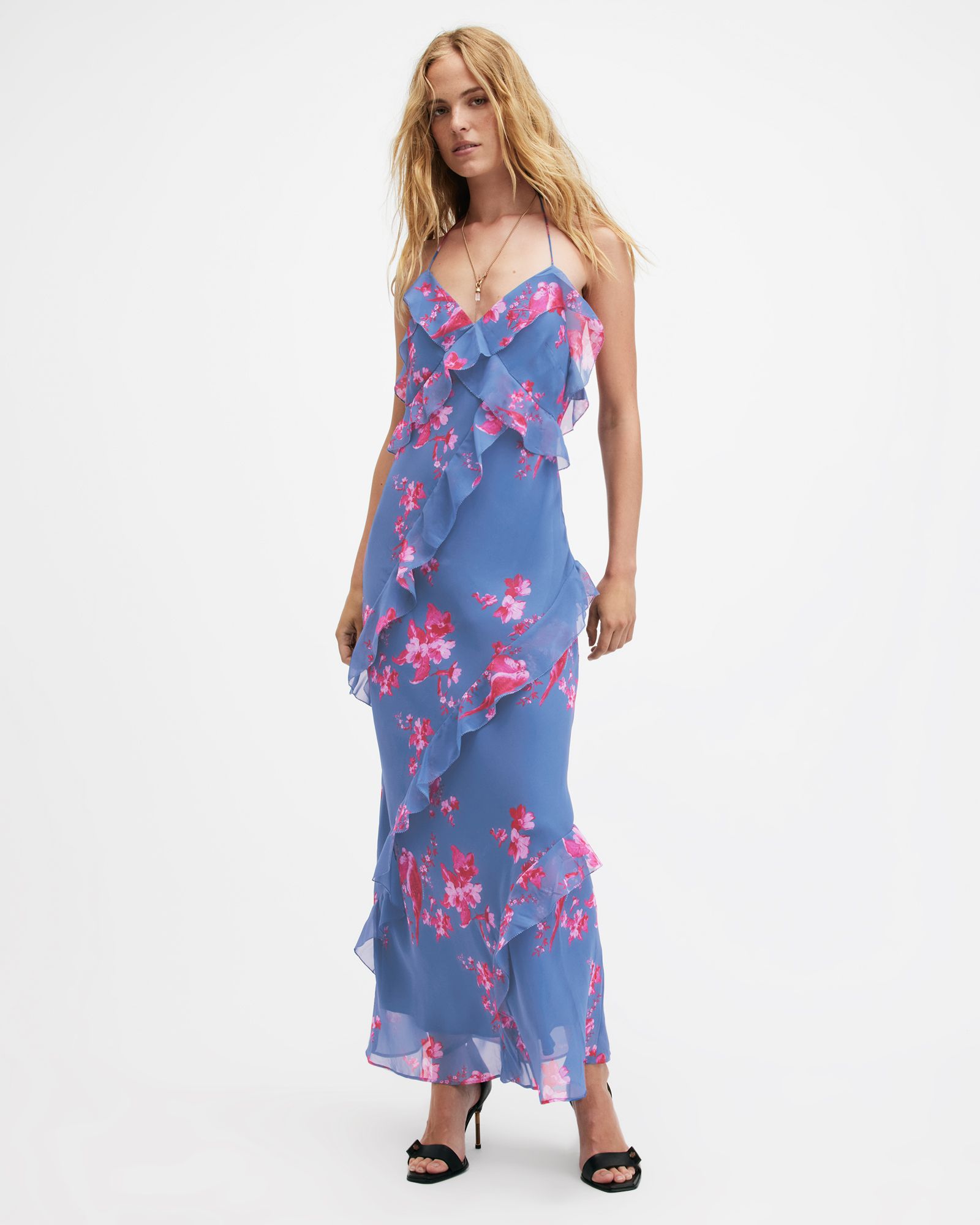 Marina Iona Floral Print Slim Fit Dress Neon Pink | ALLSAINTS | AllSaints UK
