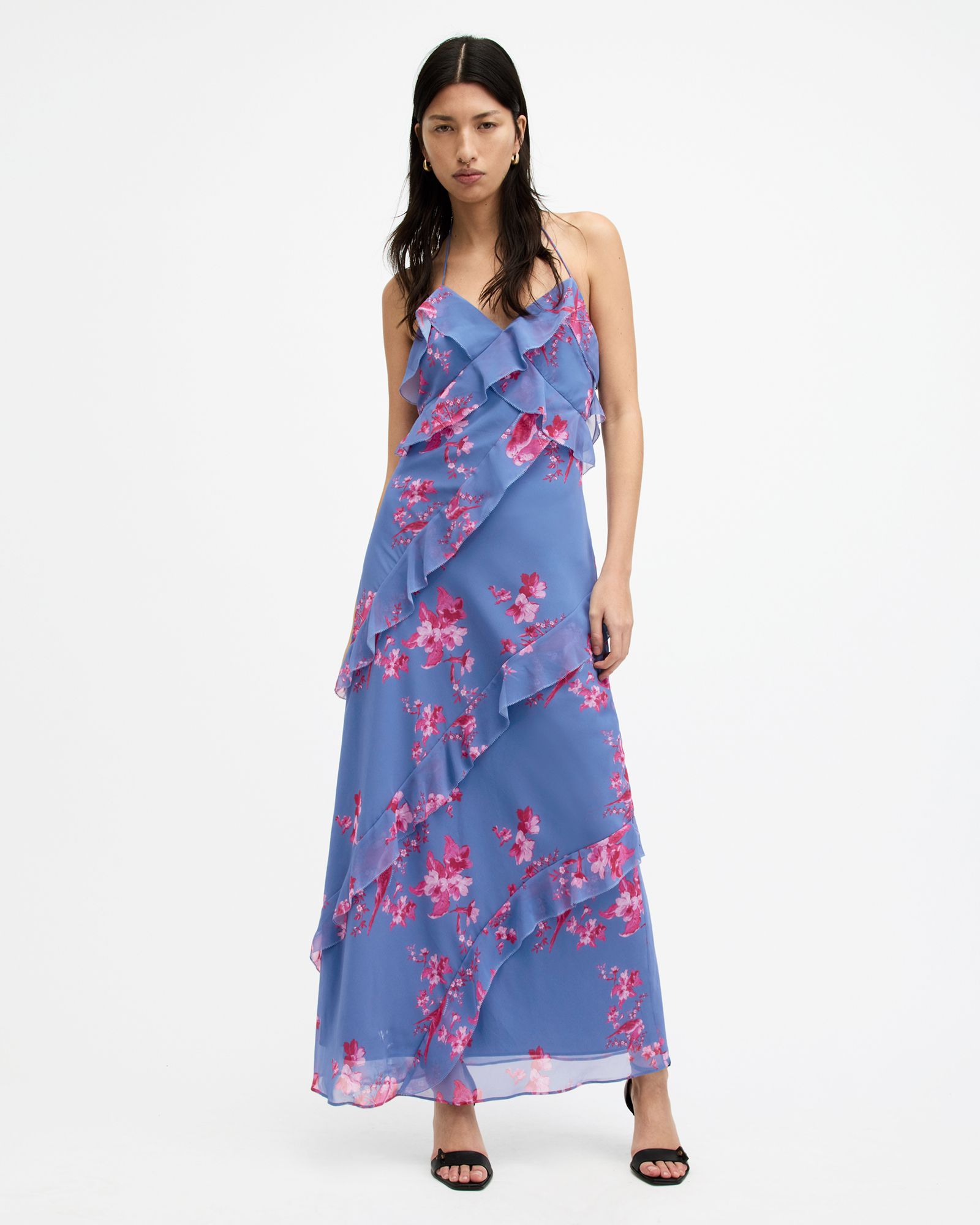 Marina Iona Floral Print Slim Fit Dress Neon Pink | ALLSAINTS | AllSaints UK