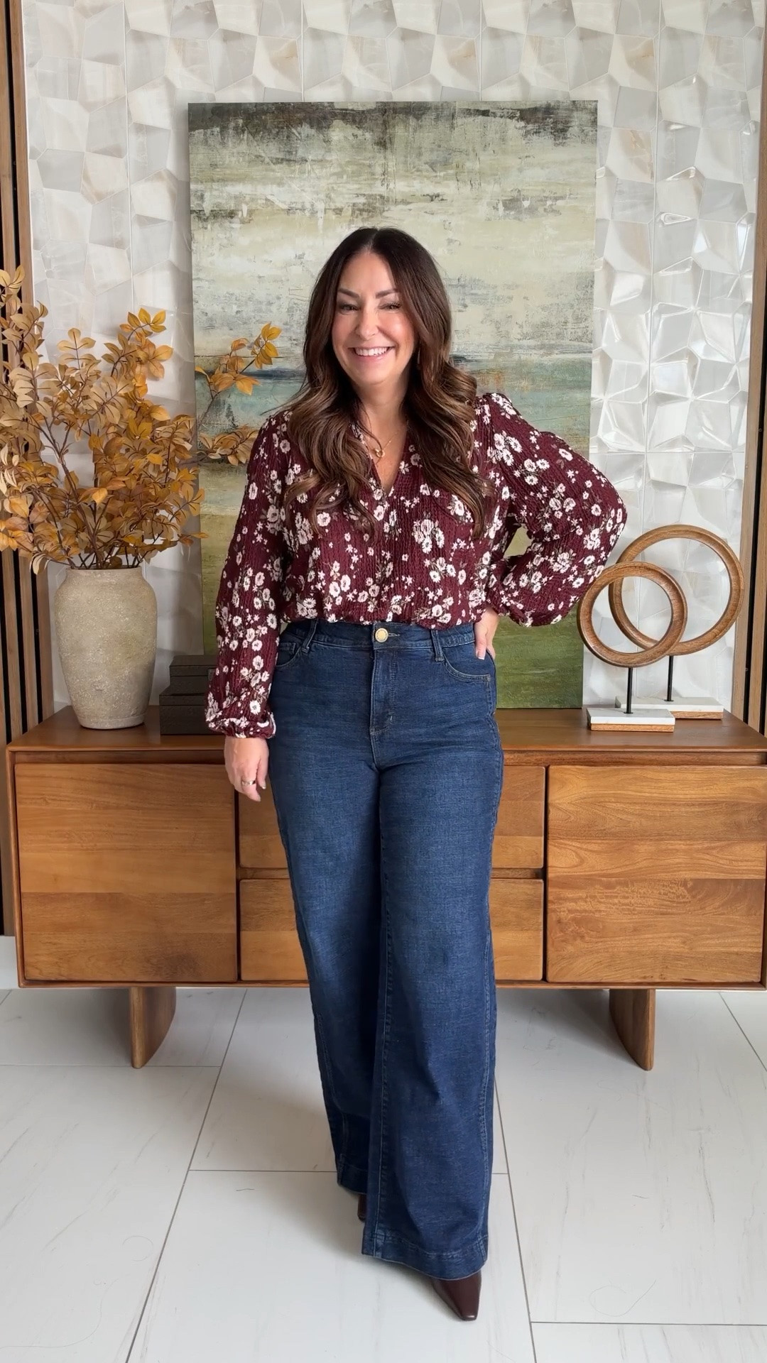 Fall outfit with burgundy printed blouse from @loft and wit and wisdom jeans 

Sizing: blouse tts, L | Wit & wisdom Jeans size down wearing 10

#LTKOver40 #LTKSeasonal #LTKMidsize