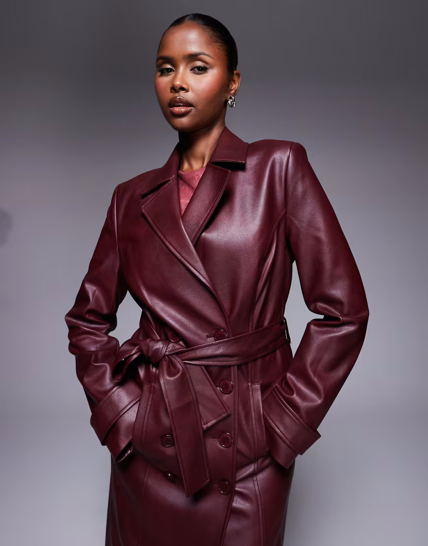 Bardot faux leather longline coat in burgundy-Red | ASOS (Global)